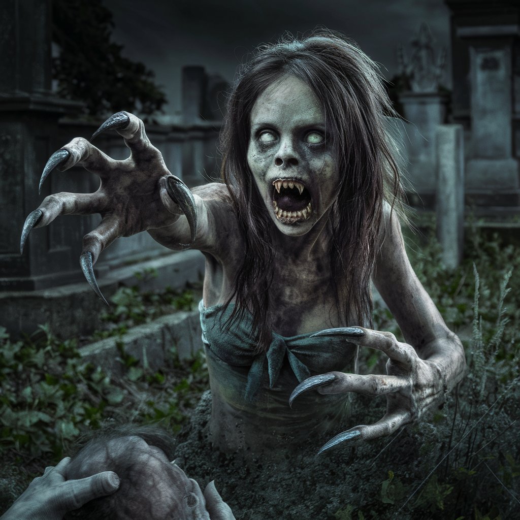 A photorealistic scene about a feral ugly dead zombie female with long pointed dirty nails on her hands with five fingers on each attacks you, her mouth is threateningly open with terrifying teeth like fangs, a woman has climbed out of her grave her nails resemble the claws of a predators, she aggressively pulls her hands towards you to grab a helpless person, her eyes are empty in the darkness
