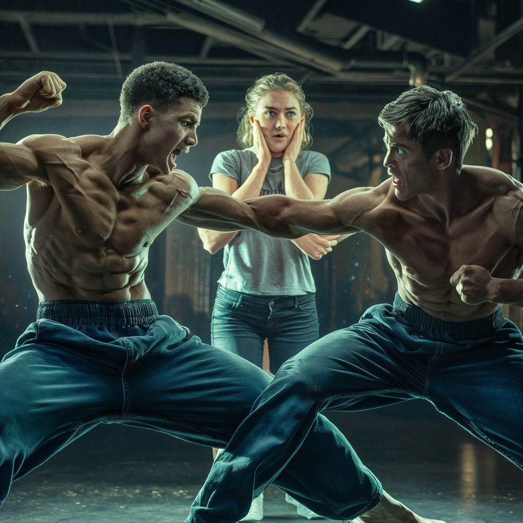 toned and fit young guys fighting while a girlfriend watches 