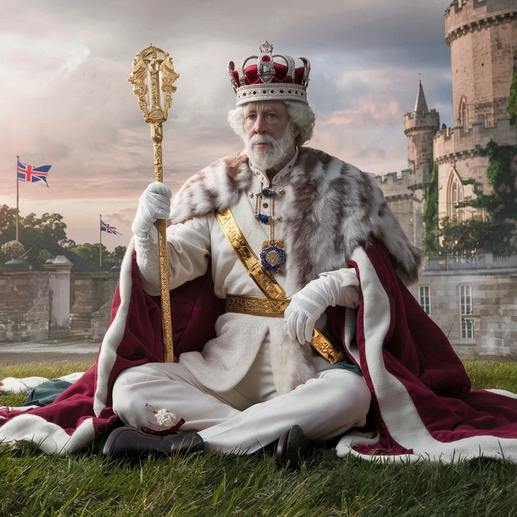 british king, wearing crown, holding staff, siting on grass ground.