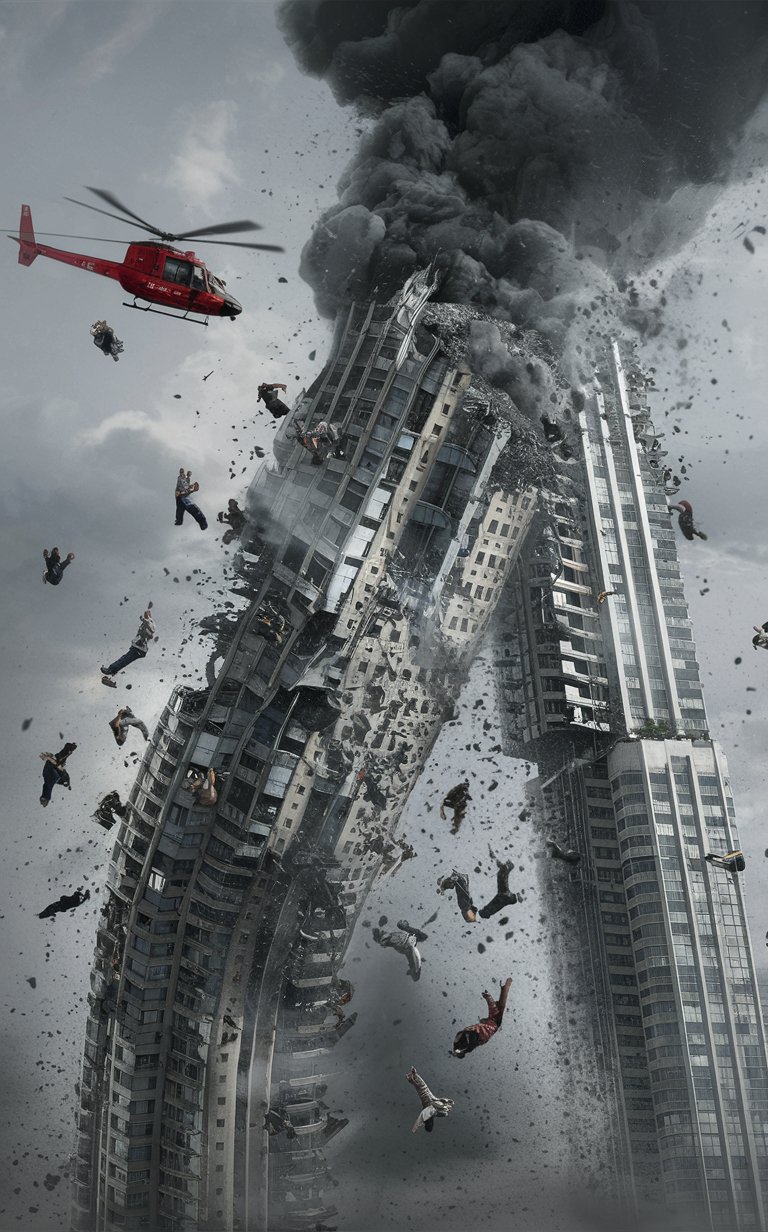 Много людей падают с разрушающегося небоскреба. Красный вертолет пролетает мимо. Сон-катастрофа.