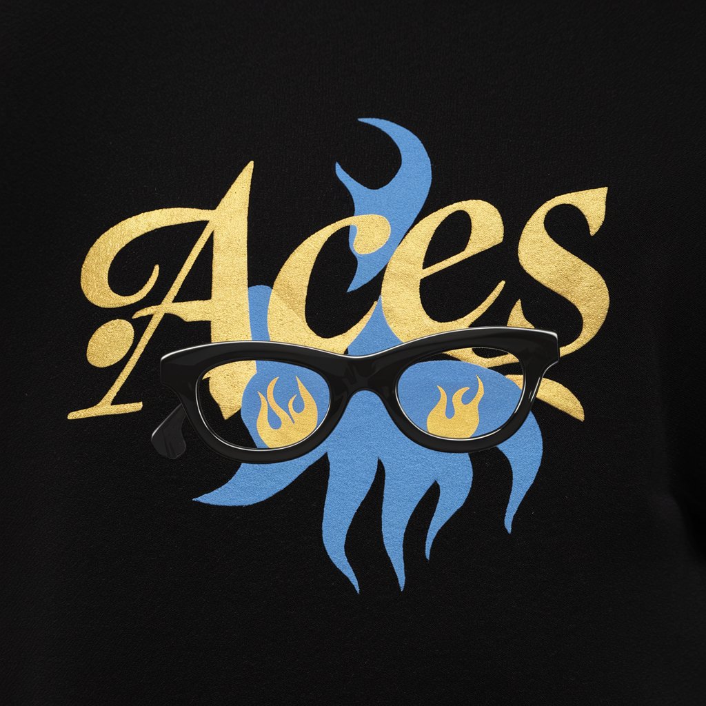 Aces, Elegant logo, Gold and black with blue flame black eyeglass frame Hiphop-Femme gangsta style element look design