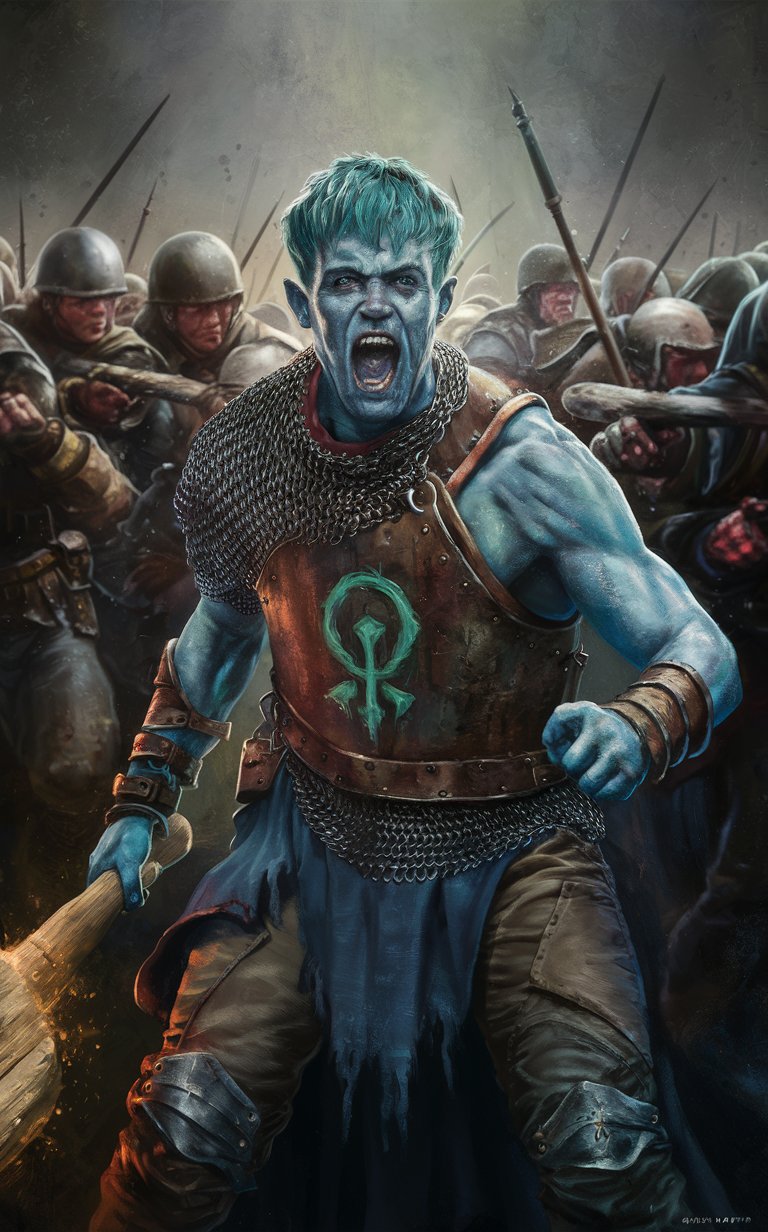 "blue skin" "turquoise hair" man fantasy painting gritty magestic "no helmet" "rusted military breastplate" "green  river holy symbol" "glowing wooden club" 'cropped, messy hair" determined "angular face" gaunt skinny "teeth gritted" "fighting against mercenaries" "chain mail sleeves" cleric solumn