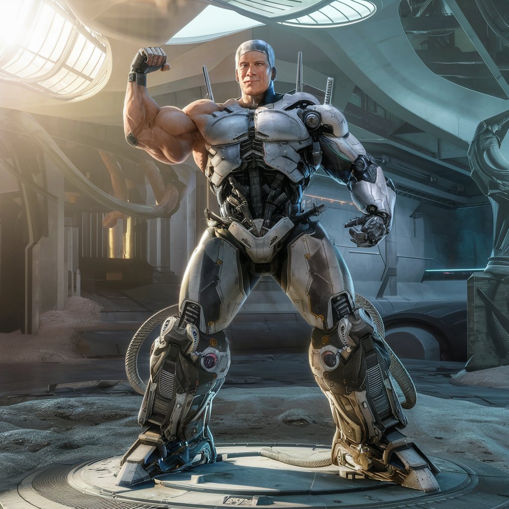 Кибернетический Фантастичный высокотехнологичный костюм Robocop на фоне Пост Апокалипсиса, в героической позе, широкие плечи, телосложение бодибилдера, костюм в стиле Transformer, слияние человеческой головы и костюма Robocop, идеальная композиция фантастического будущего, красивый киборг-дизайн костюма Transformer, брутальный объемный боевой робот, детализированные мелкие детали, сложный дизайн дополнительно-усиленной брони, безумно детализированный рендер с октановым числом, художественная фотография 8k, фотореалистичный концепт-арт высокотехнологичного костюма Robocop, мягкий естественный объемный кинематографический свет, грациозная светотень, гордость-победоносность, шедевр, идеальная композиция, четкий фокус, студийная фотография в стиле Raw, сложные детали, высокая детализация, неоновая внутренняя подсветка, абстрактные цвета, высокотехнологичный механический механизм Трансформера, детализированный гранд, высокотехнологичная замысловатая сложность деталей, отрисовано на движке Трансформер