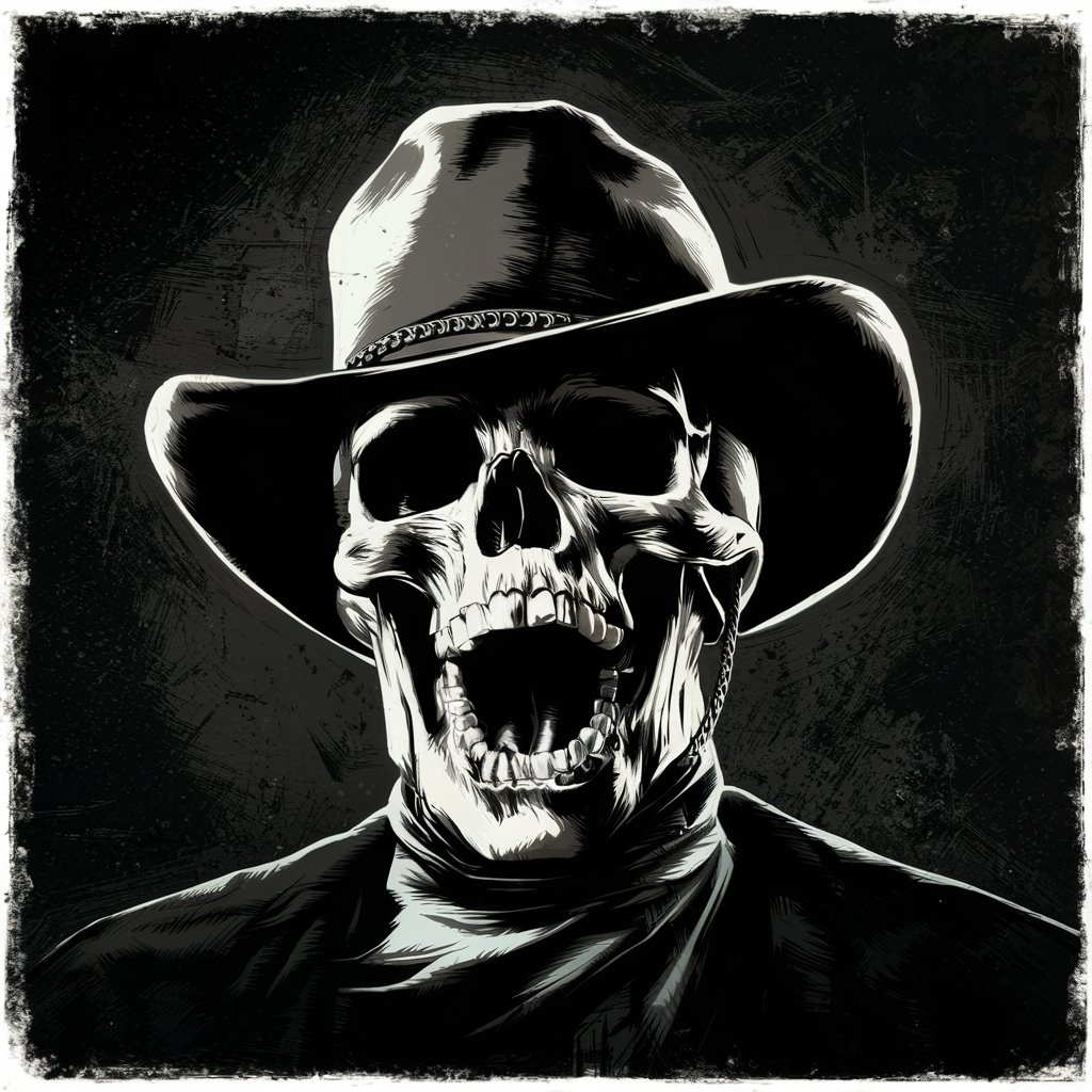 белый череп с открытым ртом в ковбойской шляпе, задний фон - полностью черный. В стиле артов Red Dead Redemption 2.