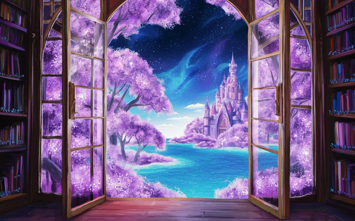 glass doorway portal in library showing a fairytale-magical flower trees - glowing pastel purple - sky blue with a castle that shows outer space stars and a bright oceon 