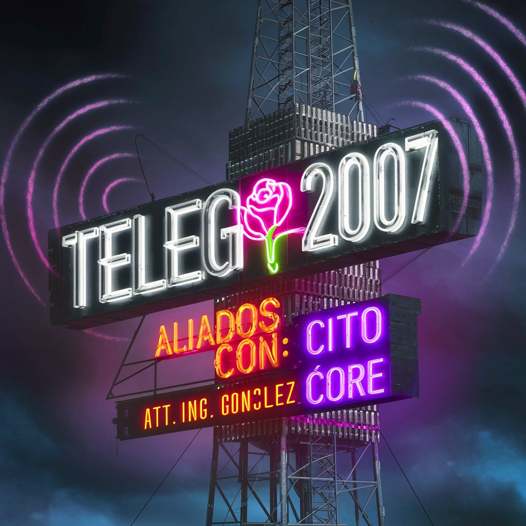 A 16K photorealistic very large illuminated sign hanging on the outside of a radio tower that is emitting powerful radio waves, written perfectly at the top of the sign in white neon "telegon2007", underneath is a hot pink neon rosebud and the words in red and purple neon in order "aliados con", "cito core" AND ATT: Ing. Carlos Gonzalez , cinematic, photo, typography, dark fantasy, vibrant
