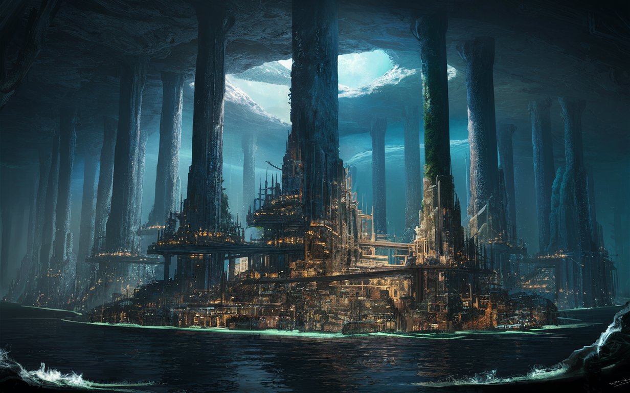 A huge city sprawled at the ceiling of a vast underground cave, built around the top and along giant natural pillars that go from the sea to the top of the ceiling. It is inside a giant cavern and surrounded by black water.