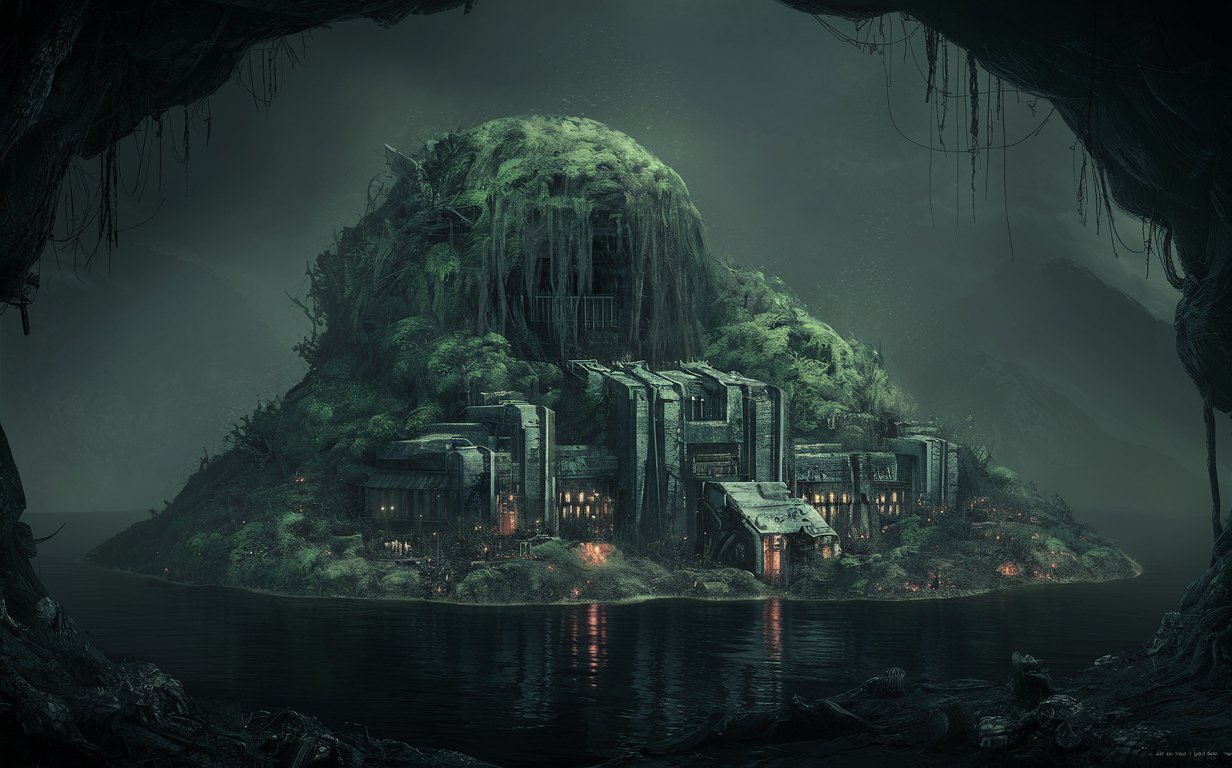 A huge island covered in sickly green-grey rotten vegetation with a dim sickly glow. In the middle is an overgrown, abandoned research facility in the style of Warhammer 40k. It has to be inside a giant cavern only seen far away in the distance and surrounded by black water.