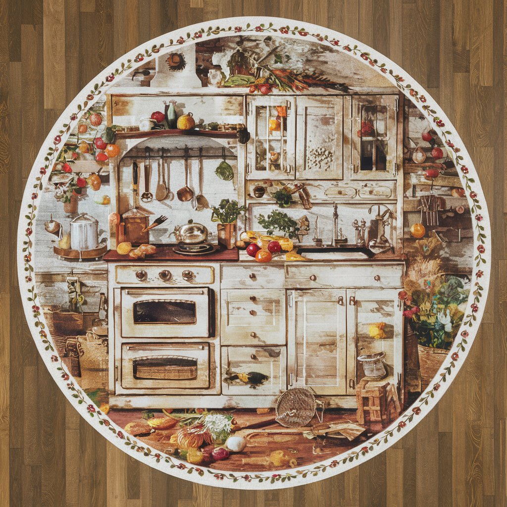 Country Kitchen  5' round rug design featuring a farmhouse fill the screen with design only