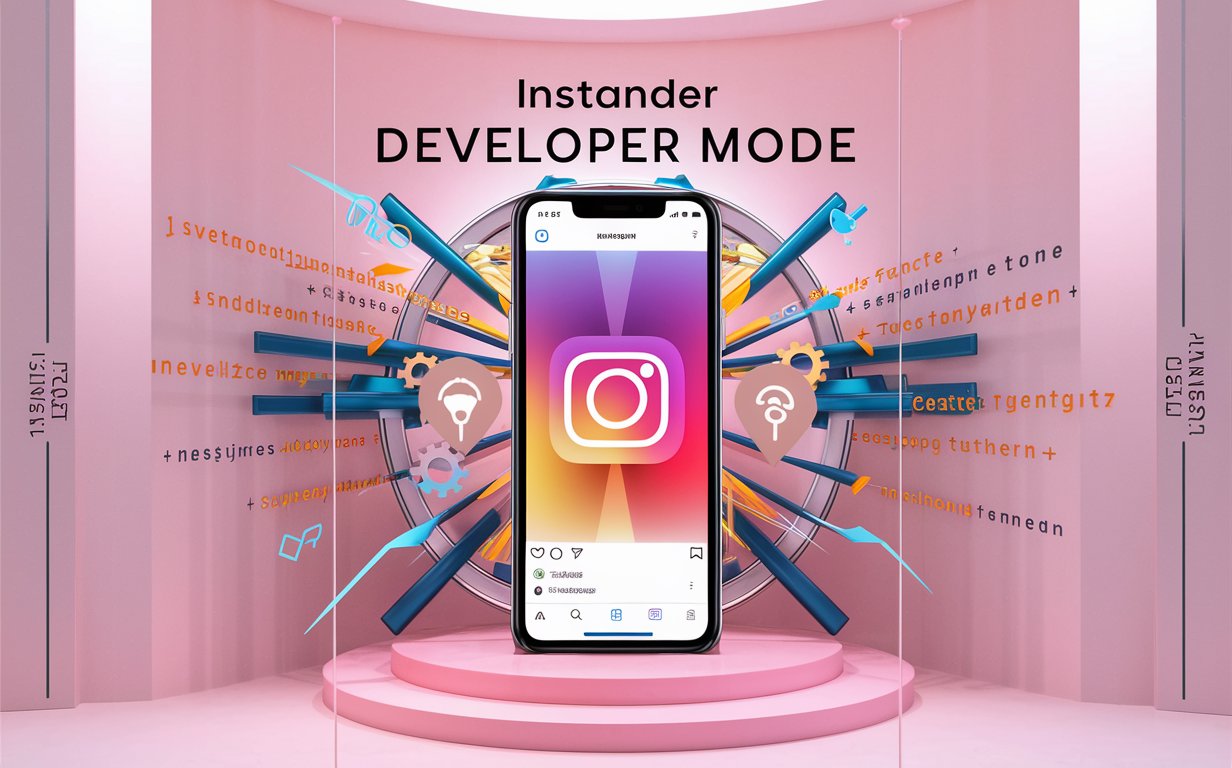 "Design an eye-catching image showcasing the power of Instagram's developer mode, titled 'Instander Developer Mode,' set against a backdrop of light pink. Incorporate developer-related icons such as coding symbols, gears, and creative tools to signify customization and innovation opportunities. Use vibrant colors and sleek graphics to highlight the platform's dynamic capabilities. Ensure clear typography for the heading 'Instander Developer Mode,' emphasizing its importance. The image dimensions should be 1020 pixels wide by 1980 pixels tall."