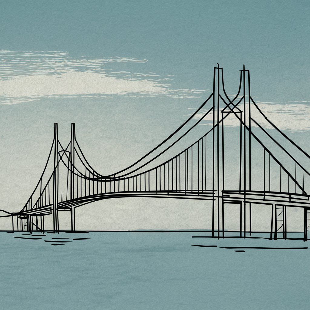 A line art drawing of a bridge, capturing its structure in minimal detail