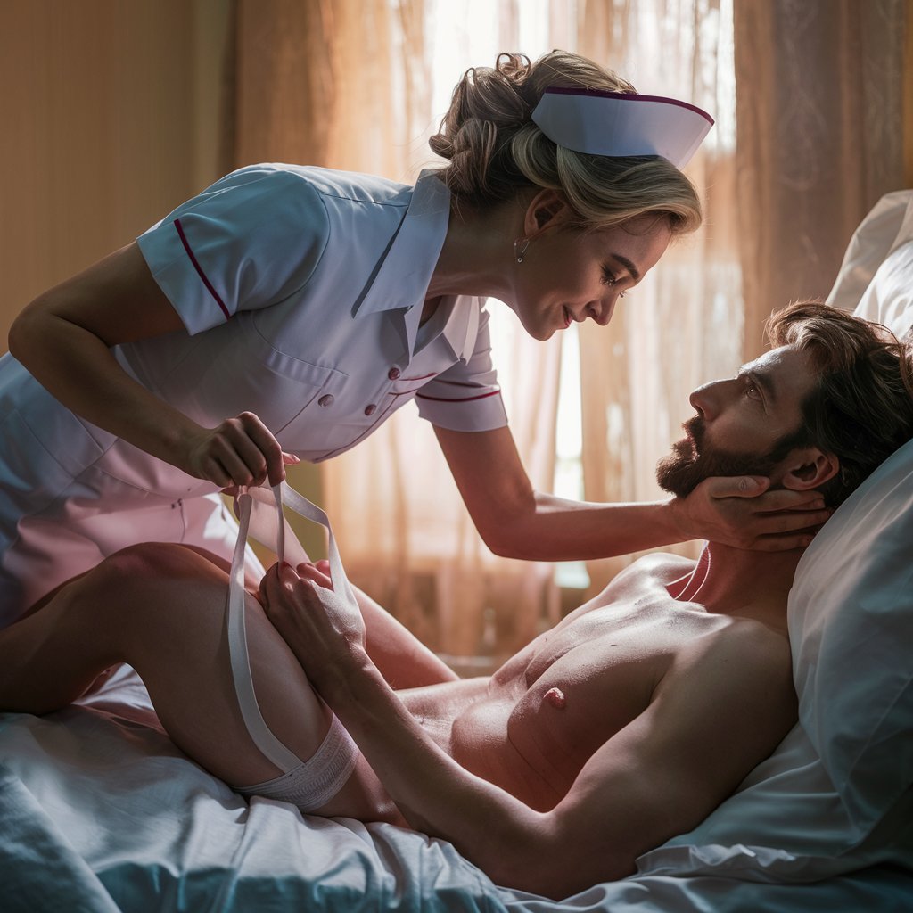 Bedroom, Beautiful Nurse, full-body, white nylons, in hand. leans over handsome male patient, white control top nylons, full-body 
