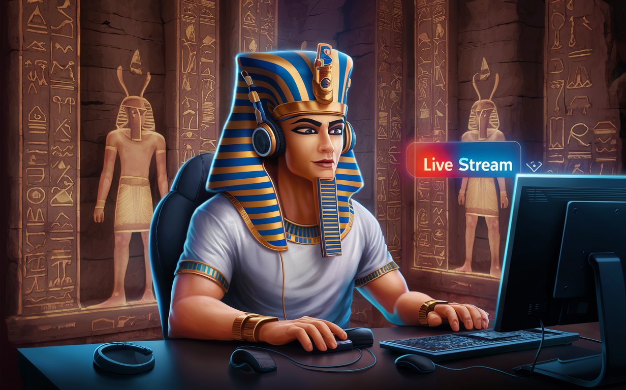 the god of Egypt, Amon, is sitting at his computer, wearing headphones and playing something, there is an illuminated inscription on the wall, the stream will begin soon