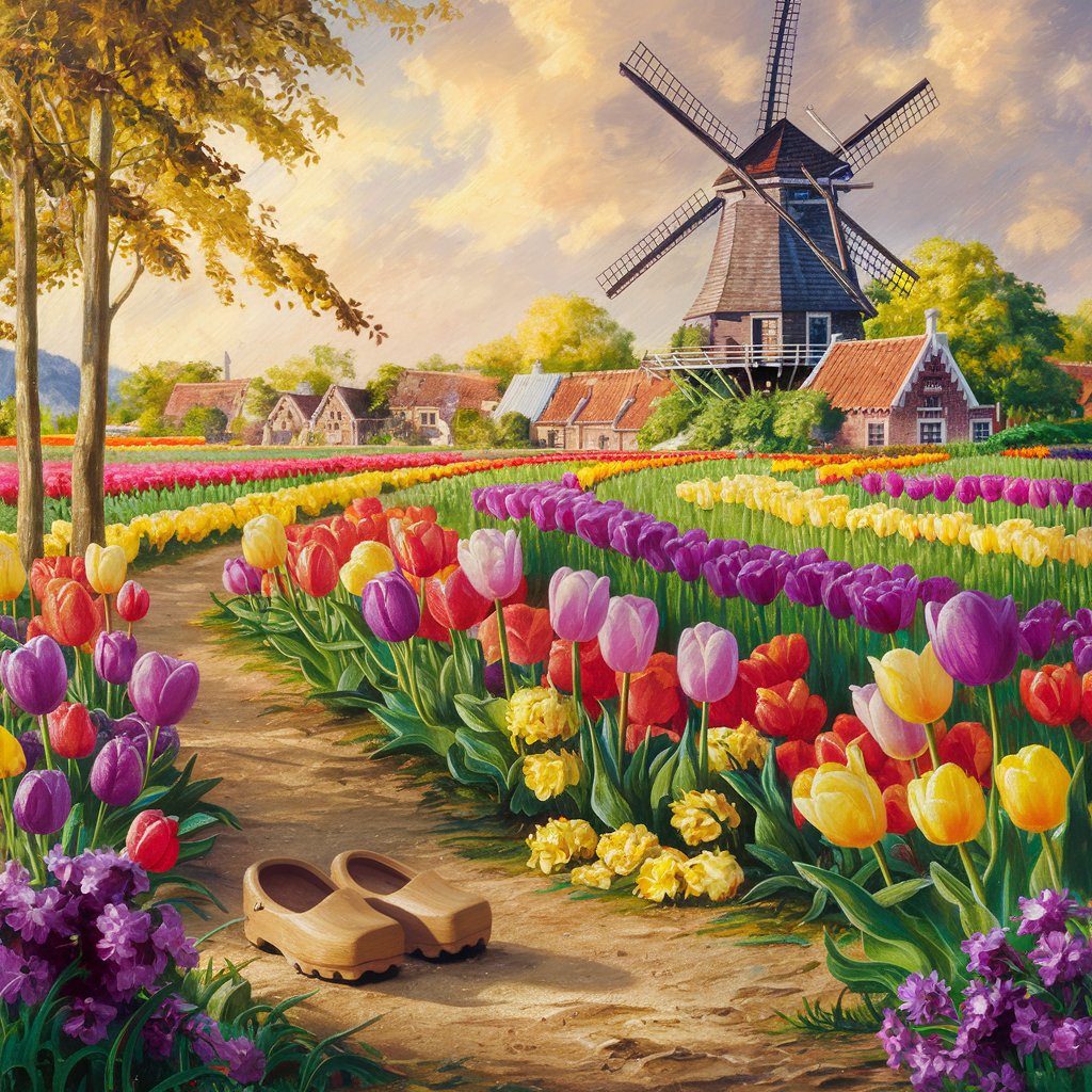 Dutch Windmill Scene with Wooden Shoes and Tulips by Thomas Kinkade