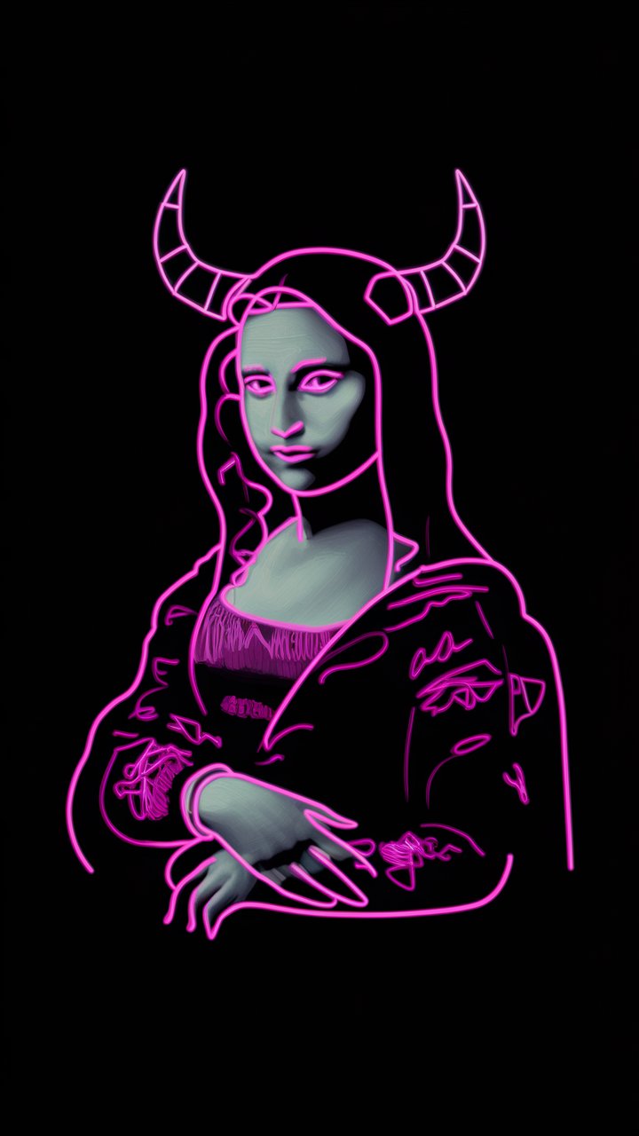  minimalistic neon outline of mona lisa with horns, black background