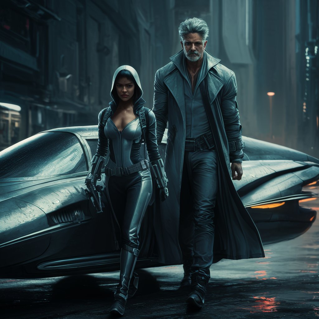 In a dark, futuristic city, a petite sri-lankan assassin woman in a body-suit and a tall, grey-haired assassin man in a long coat, stand next to their air-car