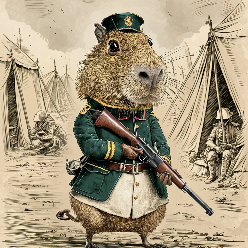 The capybara stands on its hind legs, in a nineteenth-century military uniform, leaning on a rifle.