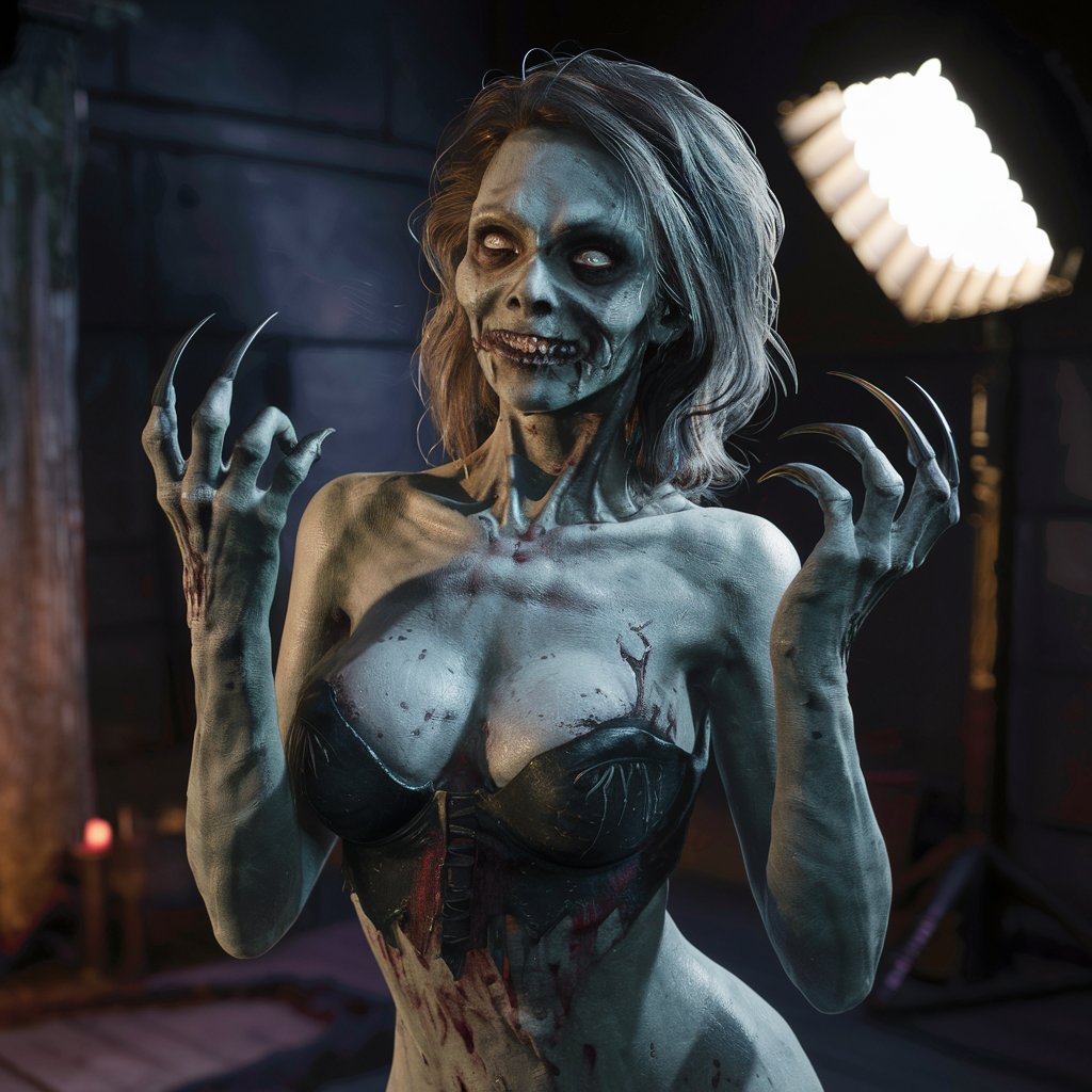 zombie woman with clawed hands , horror scene, hyper - realistic, very detailed, intricate, very sexy pose, slight smile expression, unreal engine, by artgerm, wlop and ross thran, dramatic cinematic lighting rendered by octane, 8 k, detailed