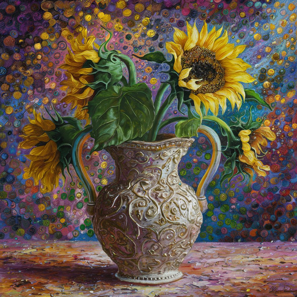 Painting art. Acryl on canvas. Slightly reliefed. Artistic. Fanciful. Vivid. Saturated vibrant colors. A beautiful colorful ornamented vase with one single beautiful colored sunflower. Imaginative colorful patterned background.