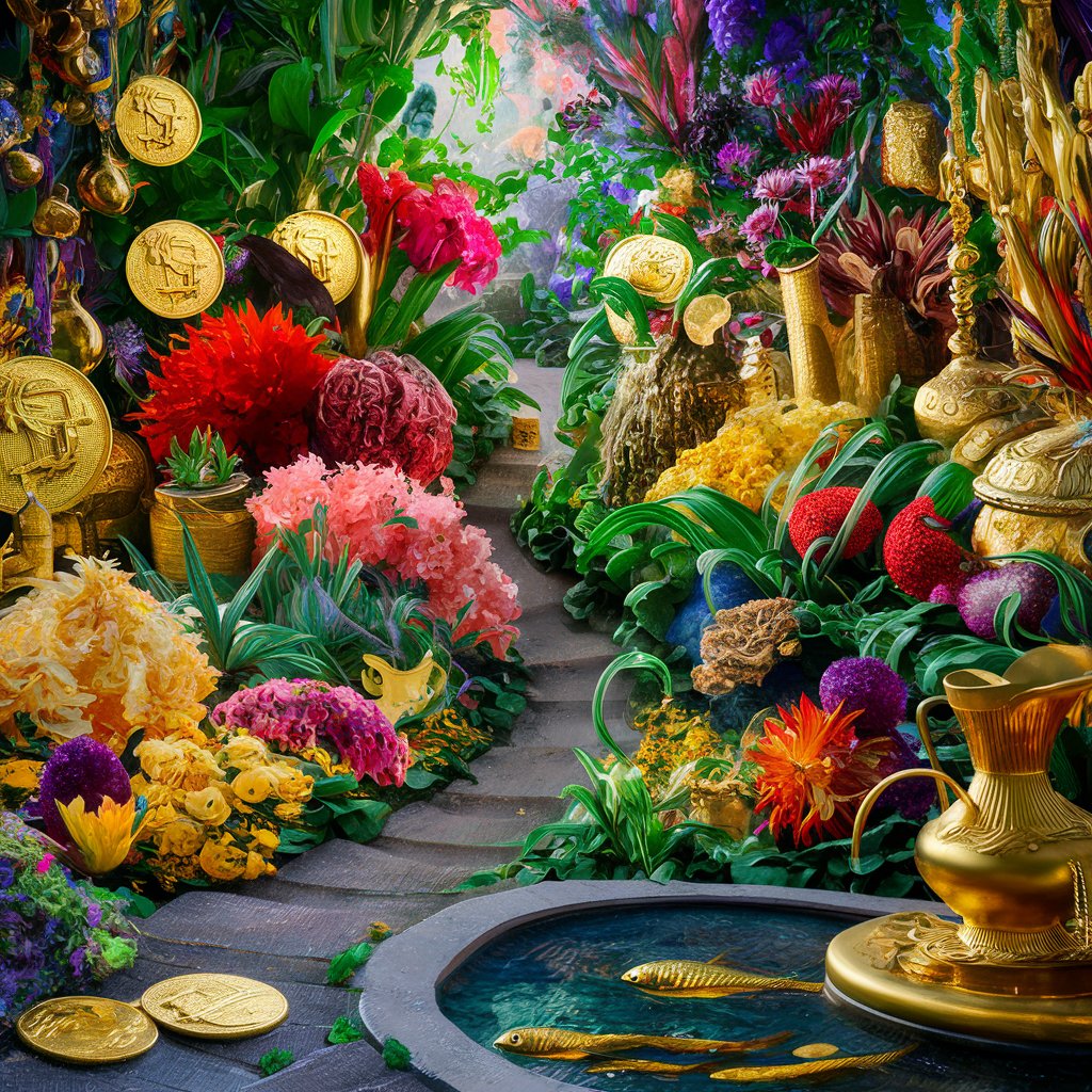 A full-color garden with a variety of flowers and plants, surrounded by symbols of wealth such as coins and gold items, demonstrating harmony and abundance.