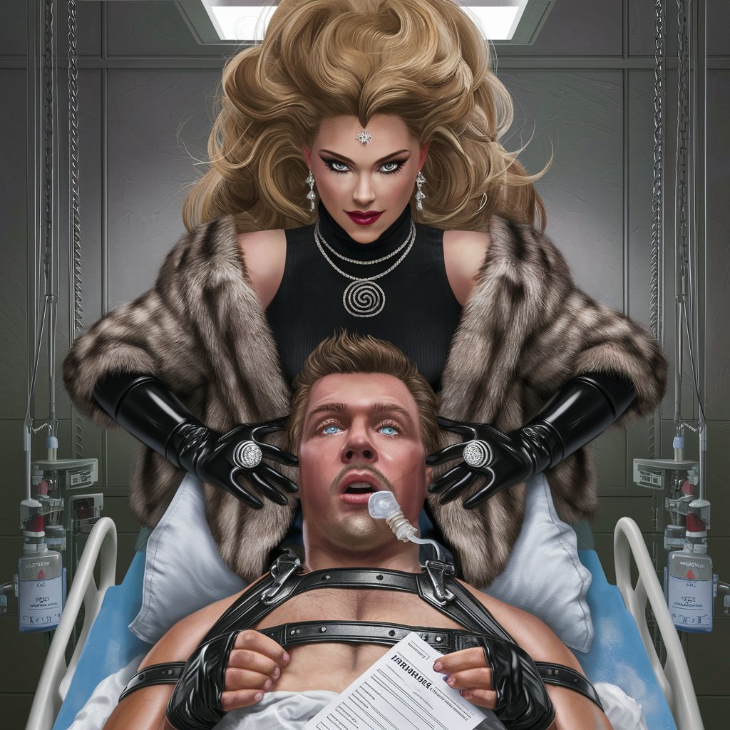 
hospital room, decorated with spirals realistic, photos, beautiful busty female gold digger in black turtle neck, sable fur coat, black latex, gloves, detailed hypnotic eyes, spiral necklace, big diamond rings, long flowing blonde hair,  Contract in hand, leans over handsome male patient, feeding tube in mouth, strapped to medical table, sultry, seductive.  Realistic