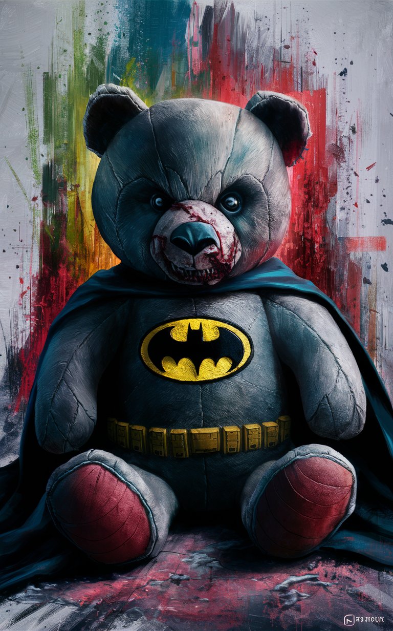 16k4d art rfktrstyle complex 'Batman Teddy' bear,  (natural Pose), perfect form, perfect composure, perfect form,Studio Photography, Scary Creepy (Grisly) Ominous, Painted with Vibrant Oils, (Illustration)