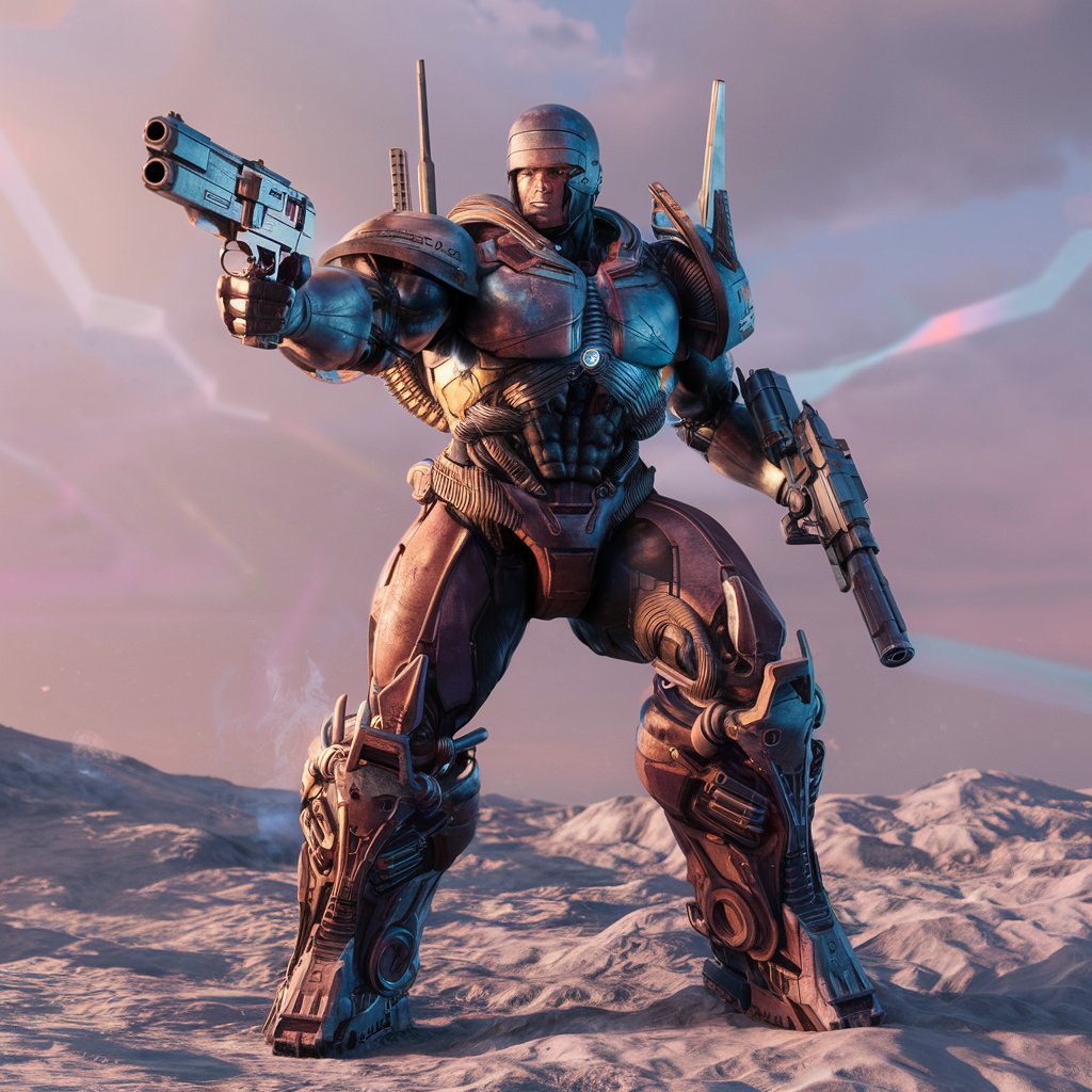 Трансформный Фантастичный высокотехнологичный костюм Robocop на фоне Пост Апокалипсиса с пушками на руках, в героической позе, широкие плечи, телосложение бодибилдера, костюм в стиле Transformer, слияние Алекса Мерфи и костюма Robocop, идеальная композиция фантастического Робота Полицейского далекого будущего, красивый киборг-дизайн черного костюма Transformer, брутальный объемный боевой робот Robocop, детализированные мелкие детали костюма, сложный дизайн дополнительно-усиленной брони, безумно детализированный рендер с октановым числом, художественная фотография 8k, фотореалистичный концепт-арт высокотехнологичного костюма Robocop, мягкий естественный объемный кинематографический свет, грациозная светотень, гордость-победоносность, шедевр, идеальная композиция, четкий фокус, студийная фотография в стиле Raw, сложные детали, высокая детализация, неоновая внутренняя подсветка, абстрактные цвета, высокотехнологичный механический механизм Трансформера, детализированные пушки по всему телу, высокотехнологичная замысловатая сложность деталей, отрисовано на движке PasificRim