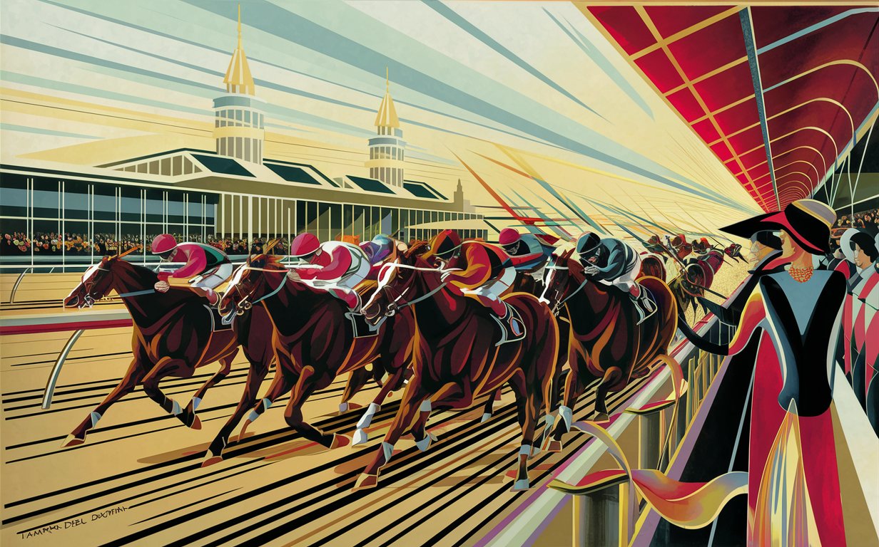 Create an image that captures the vibrant and bustling atmosphere of the Kentucky Derby in the unique Art Deco style of Tamara de Lempicka. Imagine a scene where sleek, stylized horses are racing fiercely towards the finish line, their muscular forms simplified into the smooth, flowing lines characteristic of Lempicka's work. The jockeys are poised and elegant, their bodies merging seamlessly with their mounts, depicted in a palette of bold, saturated colors. The background should feature the iconic twin spires of Churchill Downs, simplified into geometric shapes, under a bright, clear sky. Add a touch of glamour by including a crowd of fashionable spectators in the stands, their outfits and hats a nod to the 1920s elegance, rendered in Lempicka's signature polished and shiny style. The whole composition should exude the excitement and dynamism of the Kentucky Derby, encapsulated in Lempicka's modernist approach.
