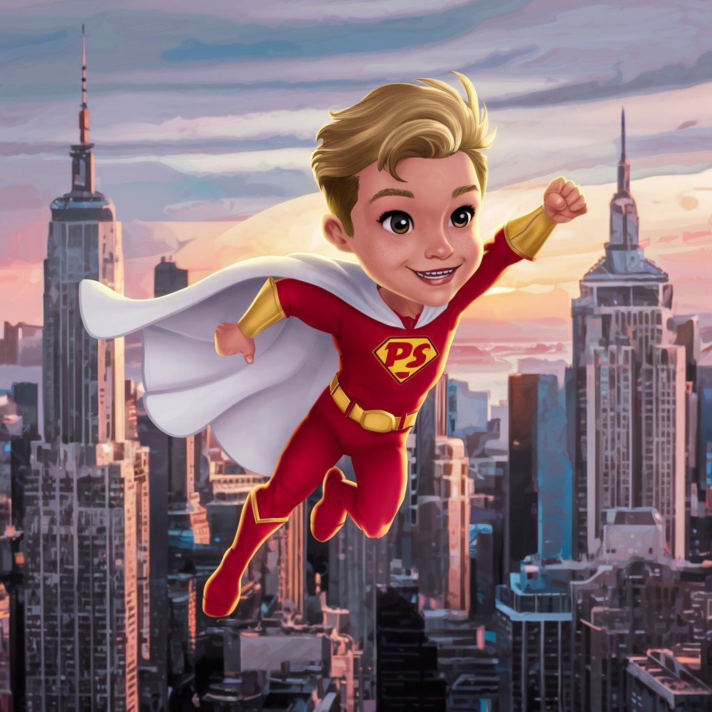 create a cartoon scene where a boy super hero with blond hair is flying in between the buildings of the new york city skyline. he has a badge on his chest with the letters PS . he has a red cape and red uniform . 