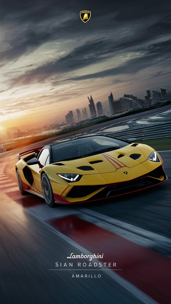 A stunning 3D render of a Lamborghini Sian Roadster Amarillo, speeding along a Formula 1 track at dusk. The car's bold red lines contrast with the vibrant yellow exterior, while it's reaching peak performance. The wet gray asphalt reflects the setting sun, casting a warm, golden light on the car and the city of Dubai in the background. The image is captured from a unique, dramatic angle, showcasing the power and speed of the vehicle. The cinematic, high-definition photo is perfect for a poster or promotional material., photo, cinematic, poster, 3d render