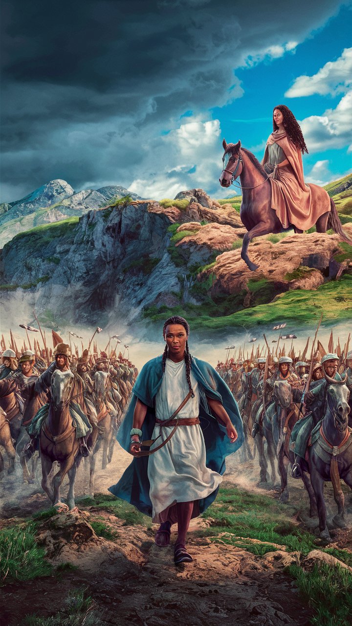 Epic African American Warrior Leading Army on Ancient Battlefield