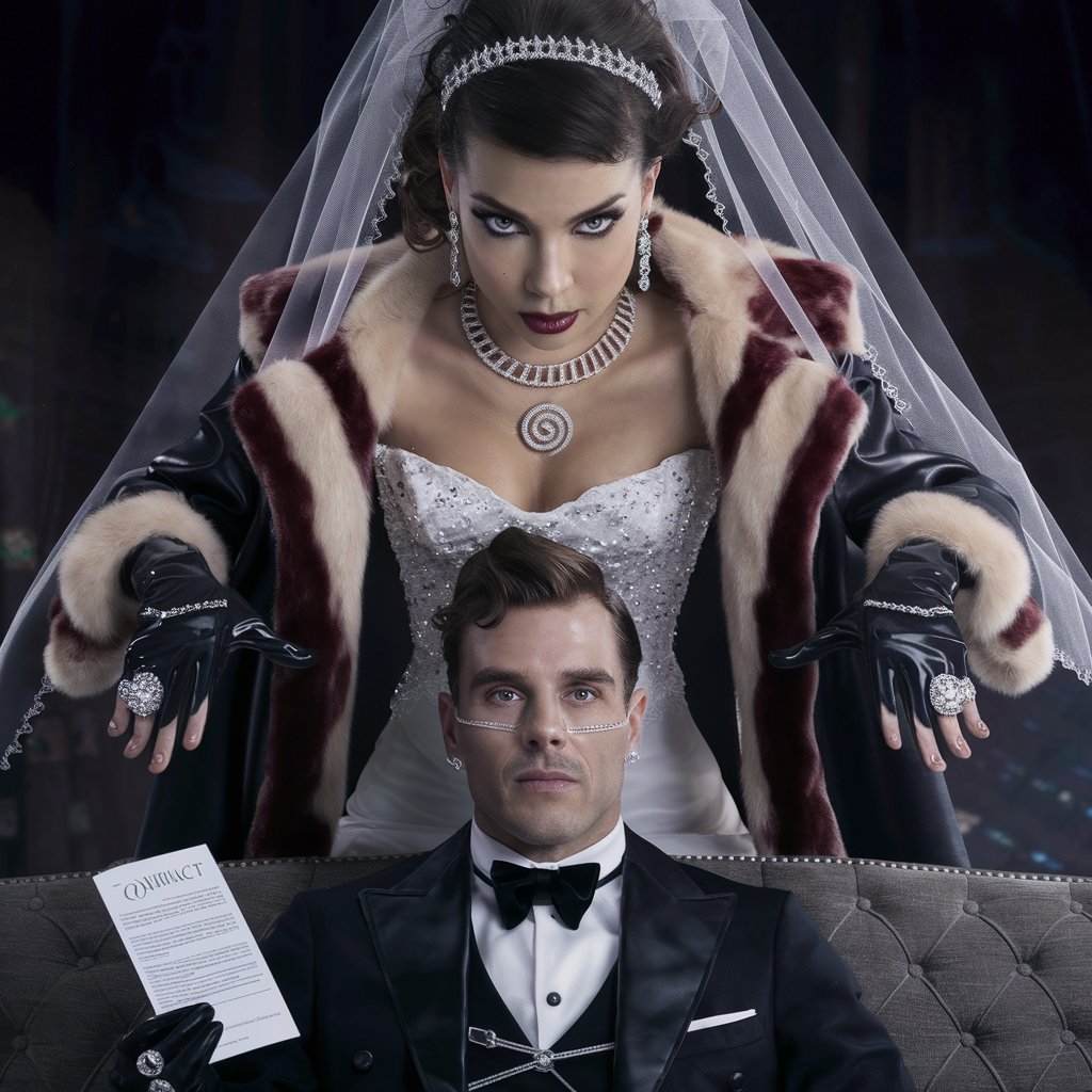 
LAWYER'S OFFICE,  photo, all whole total body photo of  beautiful busty female black widow in wedding dress fur coat, black latex, gloves, veil detailed hypnotic eyes, spiral necklace, big diamond rings, long flowing hair,  Contract in hand, leans over handsome male, sitting on couch strapped, hypnotized, sultry, seductive.  Realistic