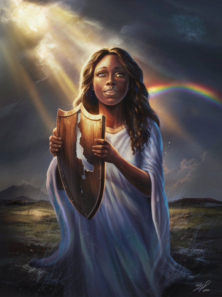 Create a digital painting of a beautiful Christian woman a scene holding a broken shield, with rays of light breaking through the clouds above, symbolizing the promise of God's protection and provision as a source of strength and renewal.