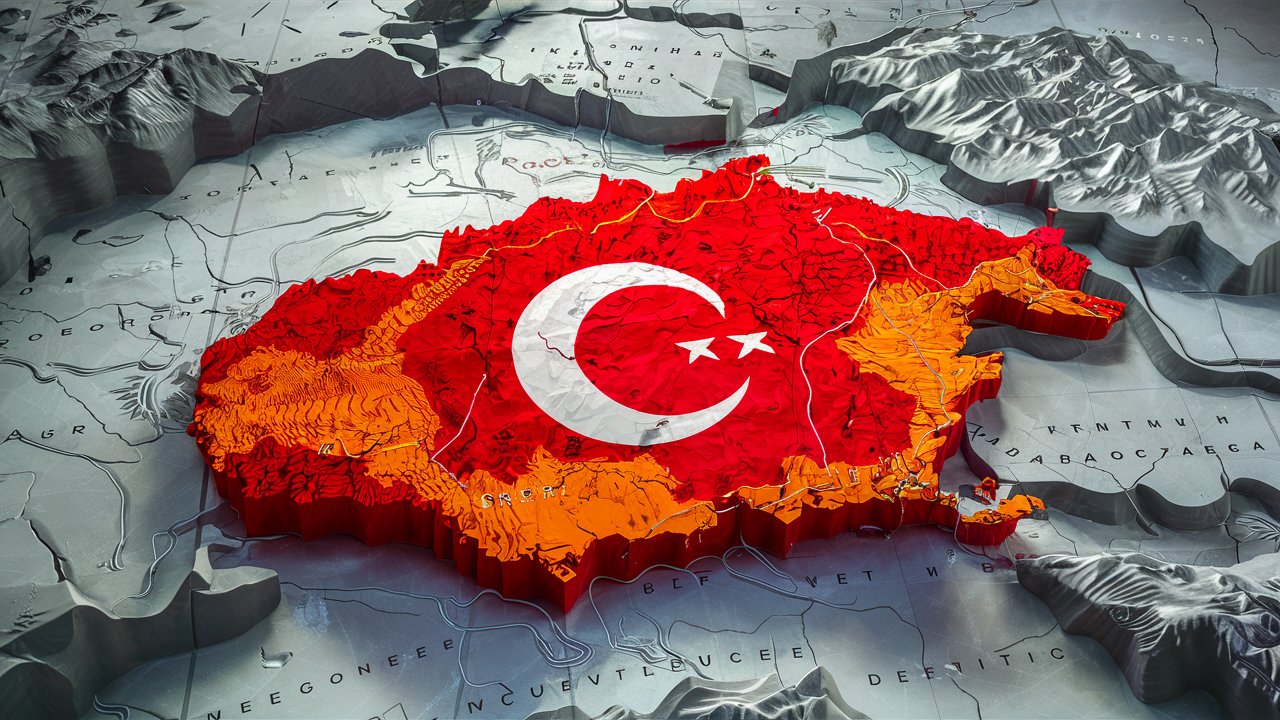 A Great colorful looking terrain 3D map, unnamed, Of Turkey at the center with red color, and other vivid grey boardering countries (but turkey as main)
