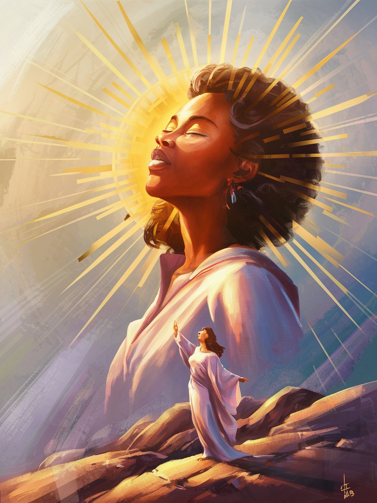 A digital painting of a beautiful woman with eyes closed, her face turned towards the sun as she basks in its warm and healing rays. The radiant light and soft shadows create a visual metaphor for spiritual enlightenment and inner transformation, symbolizing the power of faith and hope to bring light into the darkness.
