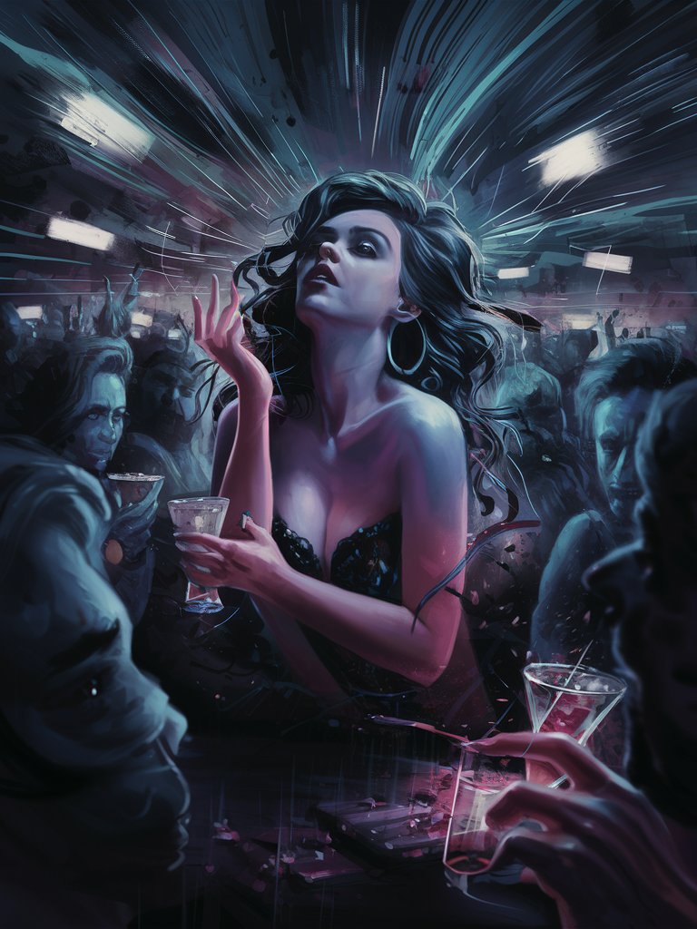  A digital painting showing a beautiful woman engaging in risky and self-destructive behavior at a late-night party, surrounded by flashing lights and blurred faces. The individual is drawn to the thrill of hedonism and instant gratification, indulging in reckless behavior and questionable choices. The scene captures the contemporary allure of nightlife and escapades, reflecting the verse's exploration of human weaknesses and tendency to embrace darkness and vice over Light and virtue.