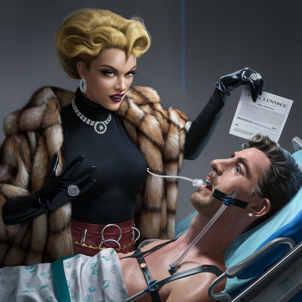 
hospital, realistic, photos, beautiful busty female gold digger in black turtle neck, sable fur coat, black latex, gloves, detailed hypnotic eyes, diamond necklace, big spiral shiny rings, long flowing blonde hair,  contract in hand, leans over handsome male patient, feeding tube in mouth, strapped to medical table, sultry, seductive.  Realistic