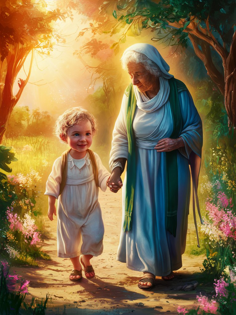 A digital painting of a child with bright eyes and a sweet smile, walking hand in hand with an elderly woman along a sunlit path lined with blooming flowers. The image represents the passing down of wisdom and faith from one generation to the next, highlighting the importance of familial bonds in nurturing spiritual growth.
