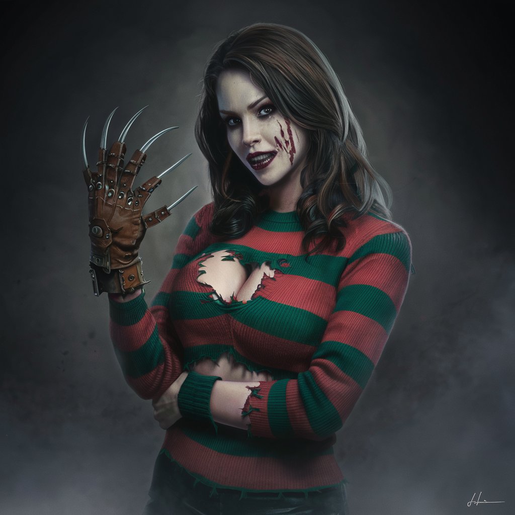 a beautiful sexy woman with freddy krueger clothes and a  metal-clawed, brown leather, right hand glove