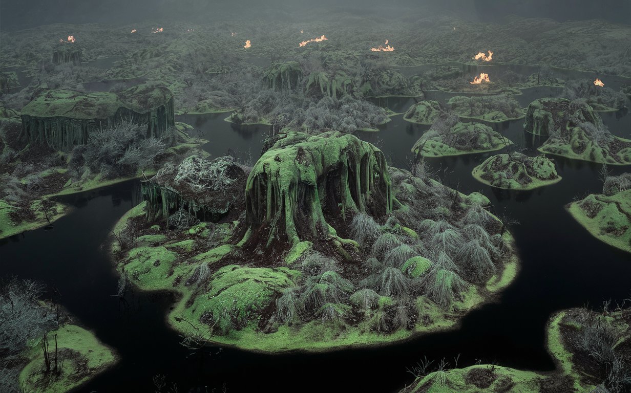 A series of vast, wide islands covered in sickly green-grey rotten vegetation with a dim sickly glow. There are tiny distant fires on some of the islands. It has to be inside a giant cavern only seen far away in the distance and surrounded by black water. Islands are big but the camera is far away from them.