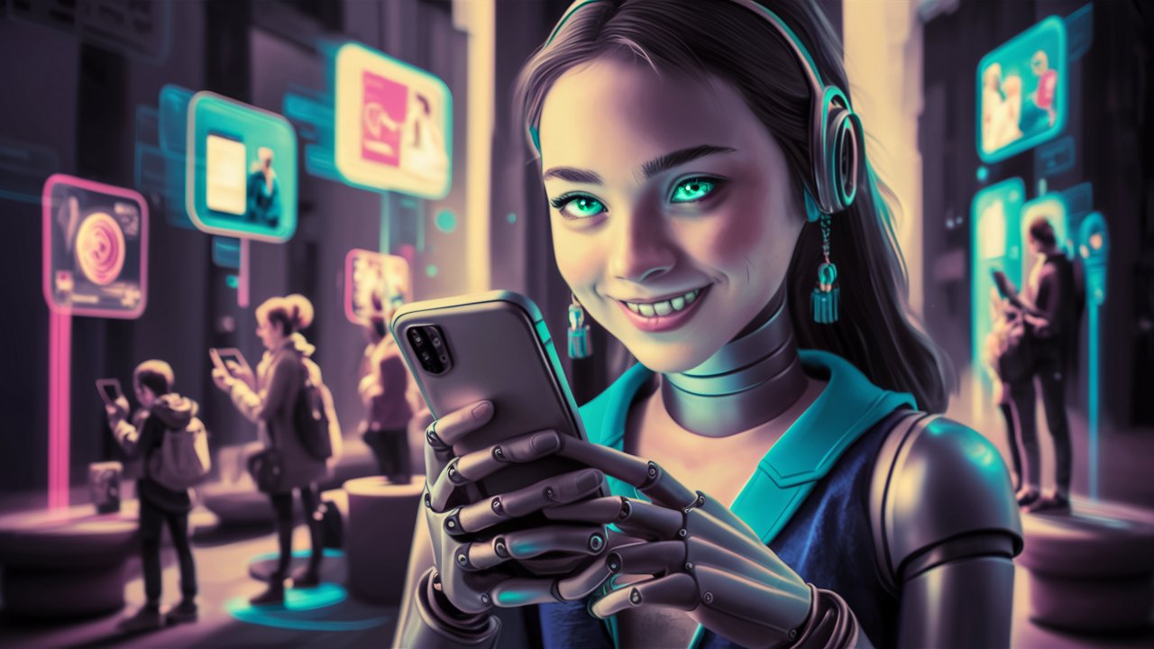 Ilustração de robô menina adolescente sorrindo usando aparelho celular para acessar redes sociais 