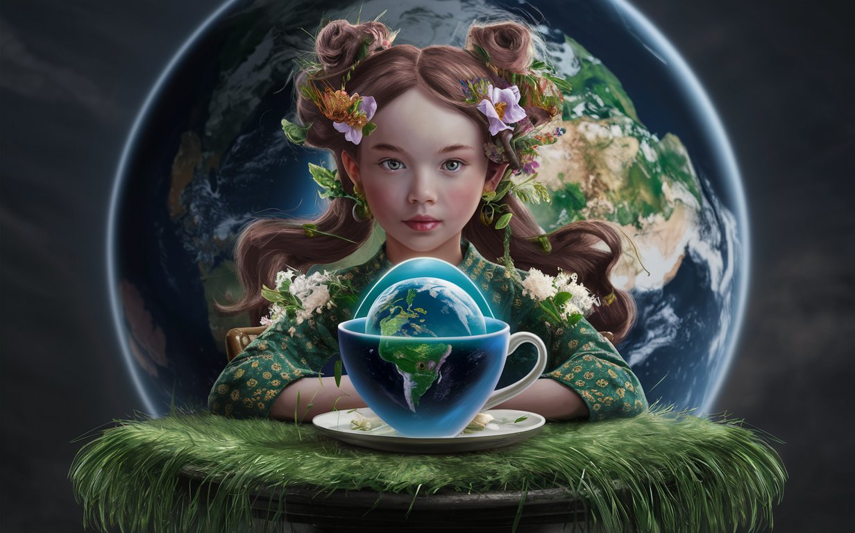  Generate a high-quality AI art piece featuring a Russian race face girl with flowers, trees, grass in her hair vibrant. . The girl's features should be detailed, emphasizing her Russian ethnicity. PLANET EARTH IN THE CUP, she is sitting behind the table with a cup holding the planet Earth inside, emitting a shining light. The cup should radiate a soft, ethereal glow to accentuate Earth. PLANET EARTH IN THE CUP, The table should have a green organic tablecloth made of grass should look natural and flowing, set against the backdrop of the Earth planet with a focus on save Earth, green ecology.  The background featuring Earth should be visually striking, portraying the beauty and fragility of the planet. The overall artwork should blend realism with a touch of surrealism, creating a captivating and thought-provoking visual narrative.