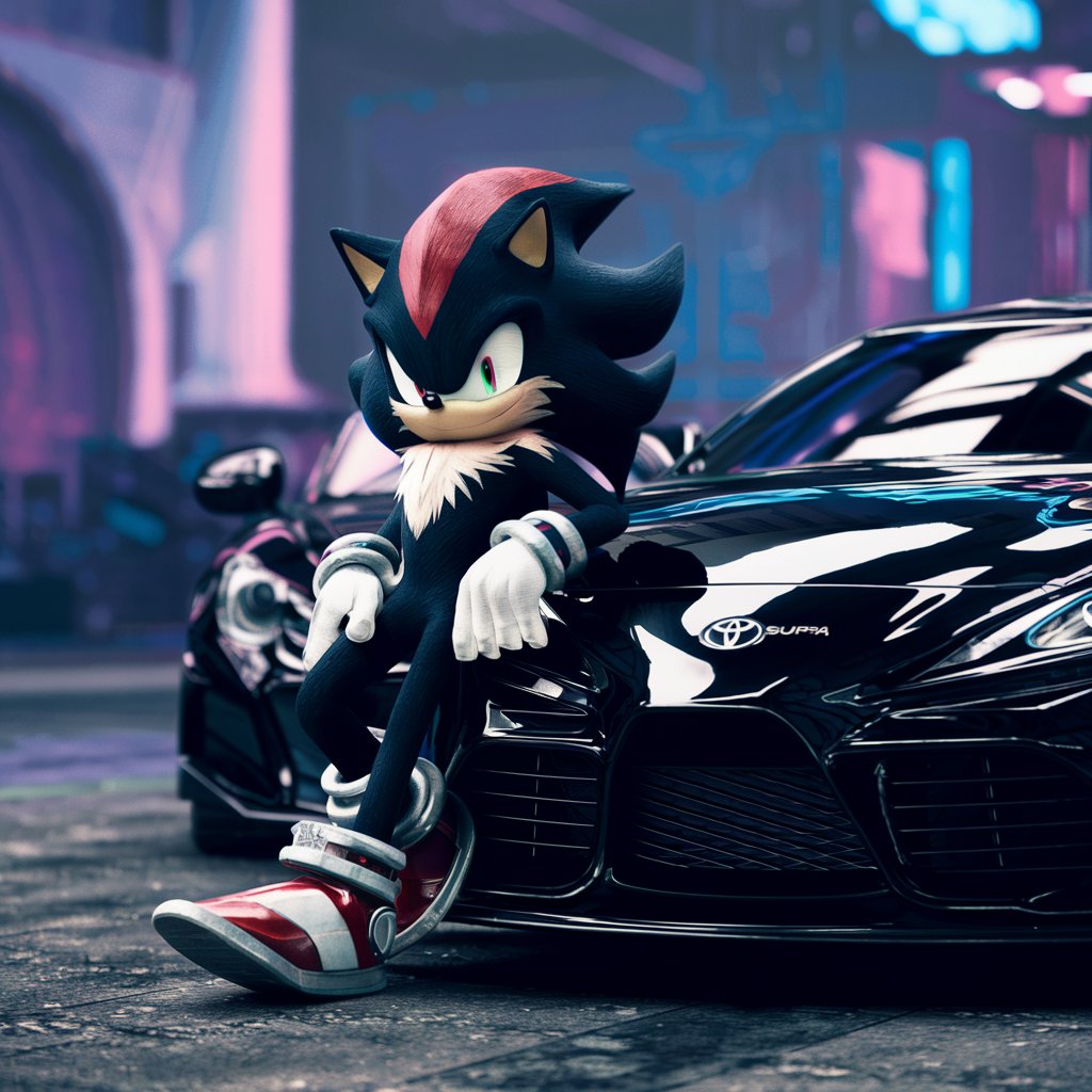 Shadow the hedgehog is leaning on a Toyota Supra mk4