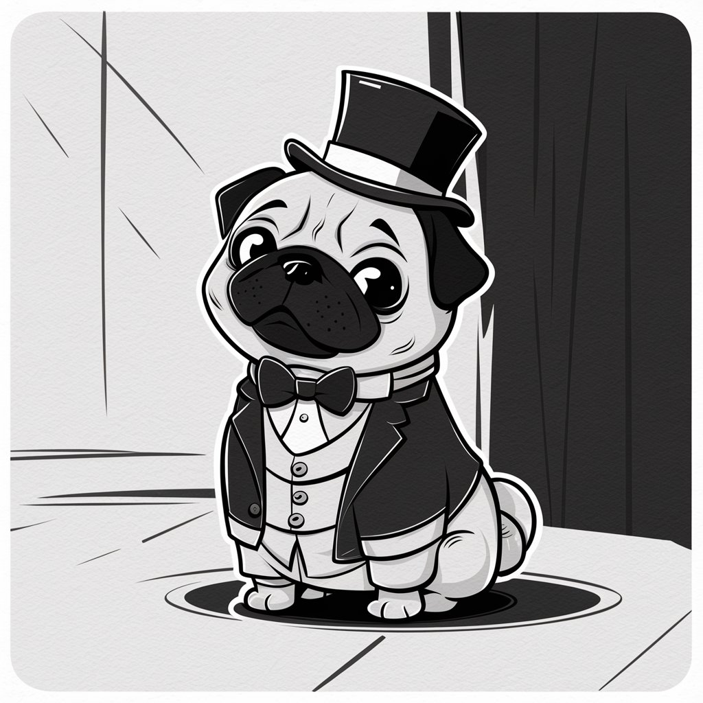 a simple black and white cartoon of a cute pug wearing a 3 piece suit. the picture should be half body