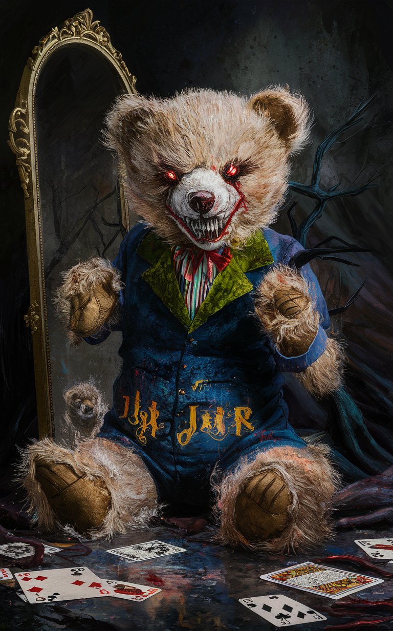 16k4d art rfktrstyle complex 'Joker Teddy' bear,  (natural Pose), perfect form, perfect composure, perfect form,Studio Photography, Scary Creepy (Grisly) Ominous, Painted with Vibrant Oils, (Illustration)