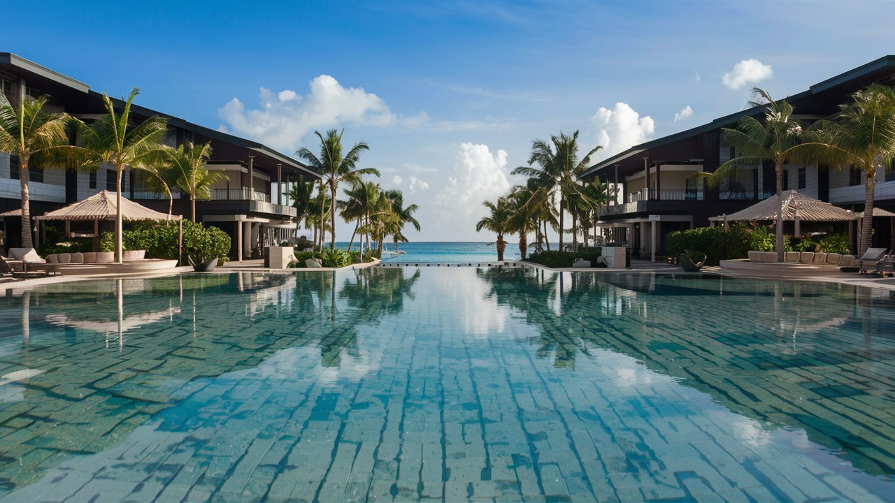 Luxurious Beach Resort Stunning View of Palm Trees Infinity Pool and Resort Buildings