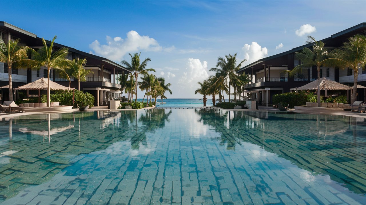 high resolution photograph of a vacation resort, looking towards the resort buildings from the beach, palm trees, palapas, infinity pool. photorealistic, realistic. ultra-high detail. sharp focus, low angle
