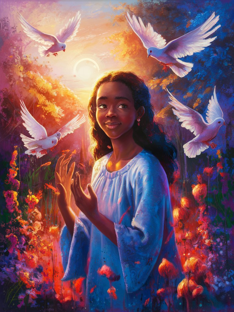  A digital painting of a young ethnic woman with a peaceful expression, standing in a colorful garden bathed in the golden light of the setting sun, with doves flying above her head. The image symbolizes the beauty and grace of God's creation, as well as the sense of peace and freedom found in faith.