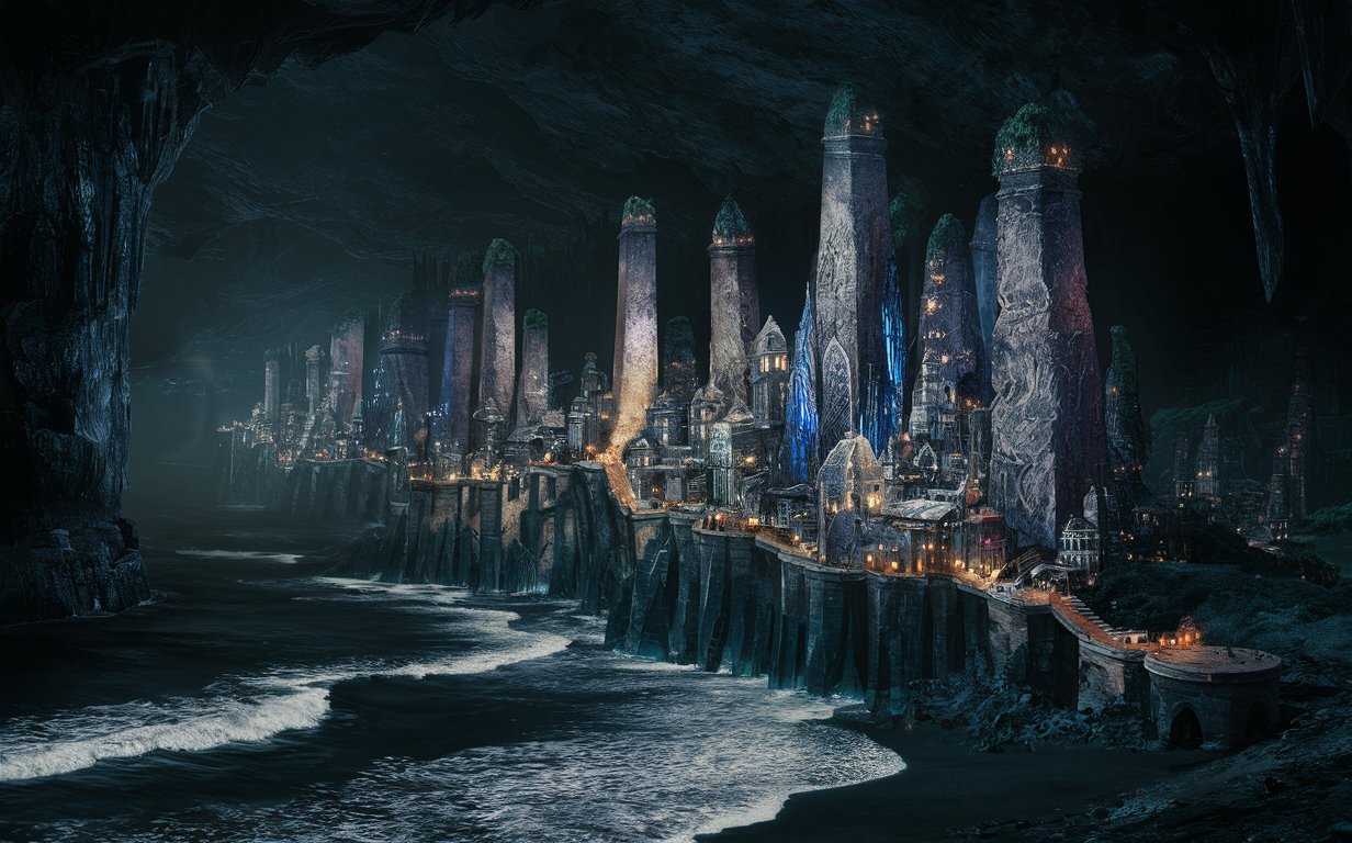 A city built along natural pillars leading down to the water. It is inside a giant dark cave and surrounded by black water.