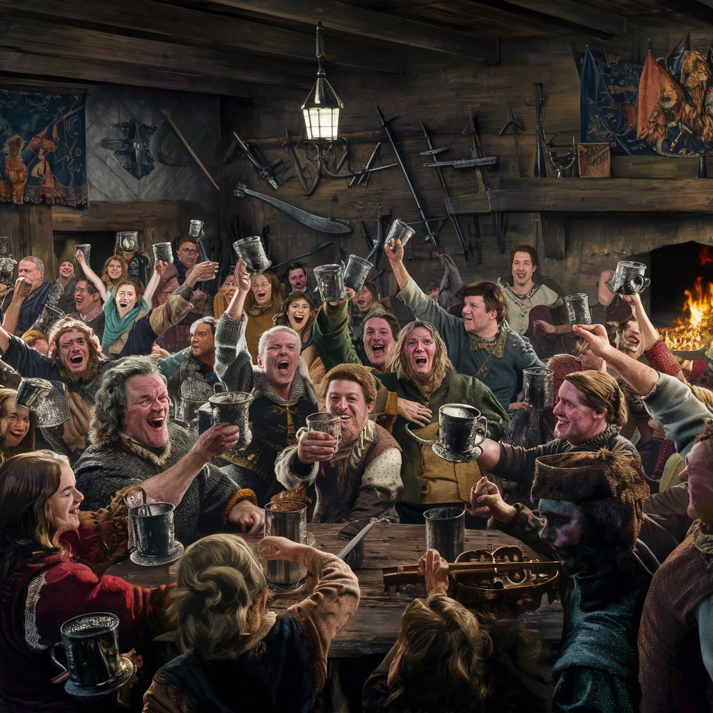A lively Tavern in medieval times. Everyone is cheering and drinking
